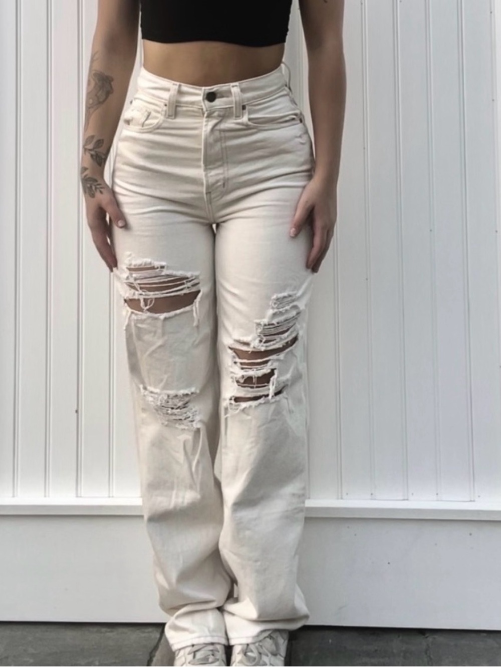 BDG High Rise Baggy Ripped Jeans - Cream Colored Denim
